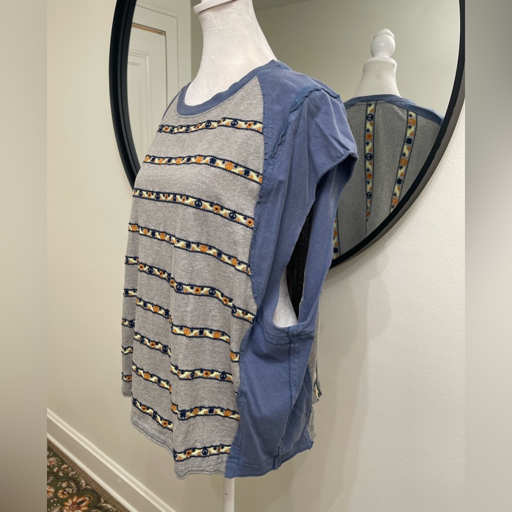 Free People Blue/Gray Groovy Embroidered Stripe Oversized Tee - Picture 5 of 9